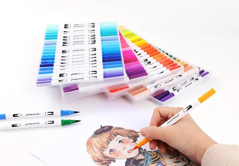 Set of watercolour brush pens with brush tips in a case, showing multiple colour options from 48 to 100 count.