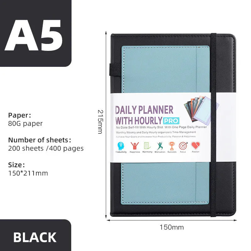 Creative trend notebook with PU cover, open to show undated strap and wood-free paper, with colour options displayed.