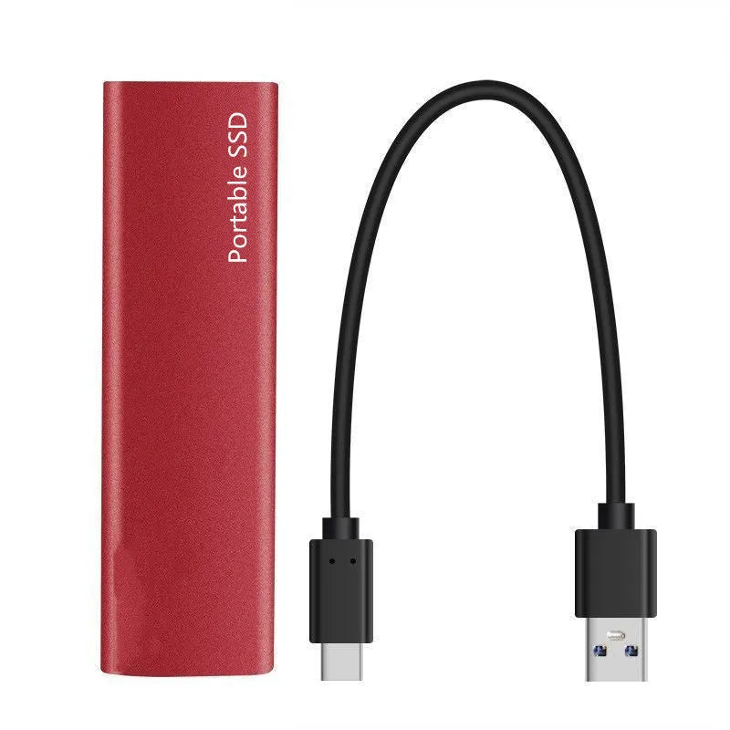 Portable mobile SSD hard drive with metal casing and ultra-thin design in red colour