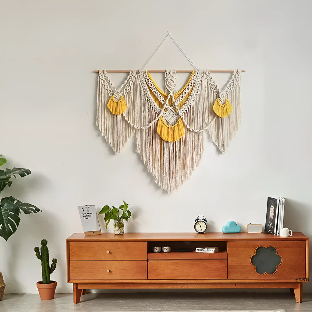 Nordic style woven cotton tapestry in creamy white with yellow accents, rectangular shape measuring 120cm by 95cm