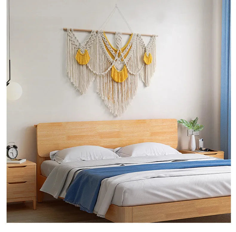Nordic style woven cotton tapestry in creamy white with yellow accents, rectangular shape measuring 120cm by 95cm