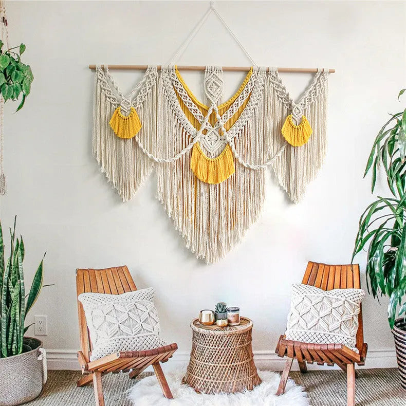 Nordic style woven cotton tapestry in creamy white with yellow accents, rectangular shape measuring 120cm by 95cm