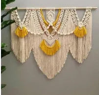 Nordic style woven cotton tapestry in creamy white with yellow accents, rectangular shape measuring 120cm by 95cm