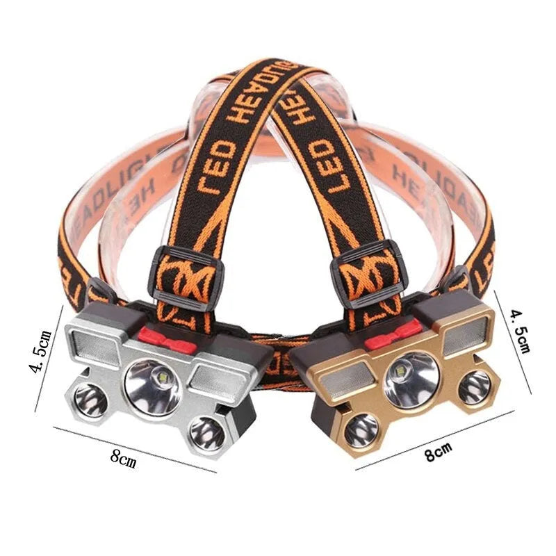 Head-mounted LED miner's lamp with head strap, 10W power output, in sunrei colour with data cable