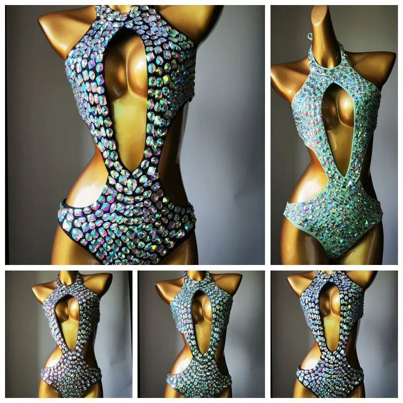 Female one-piece mesh diamond swimsuit in army green colour with polyester lining