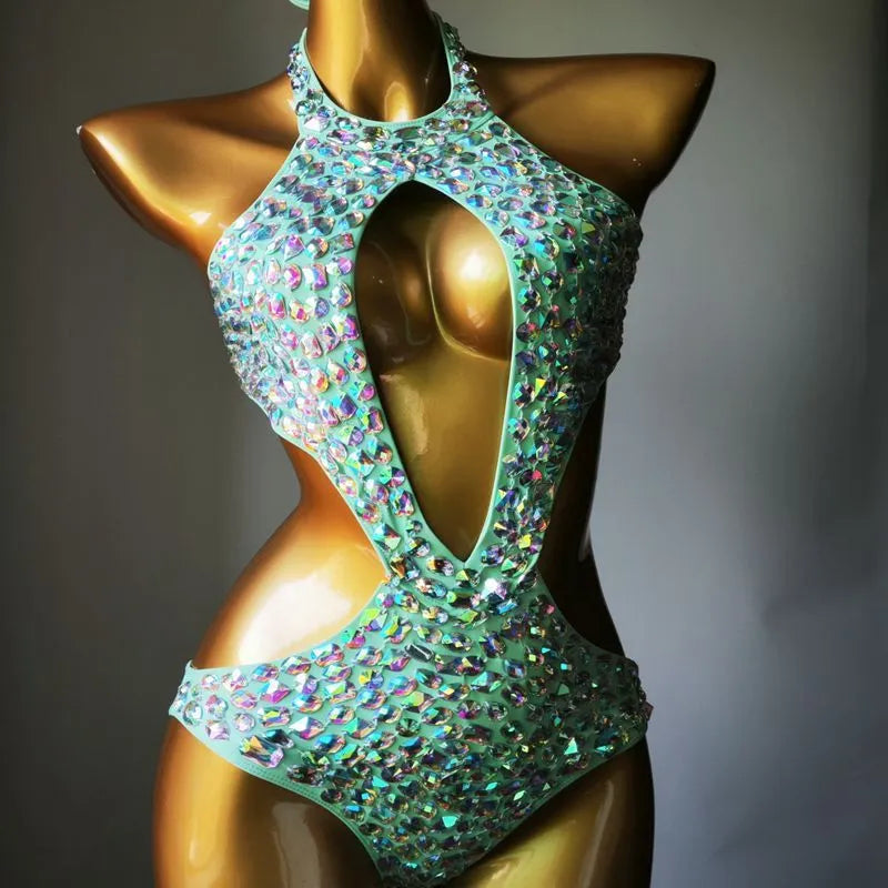 Female one-piece mesh diamond swimsuit in army green colour with polyester lining