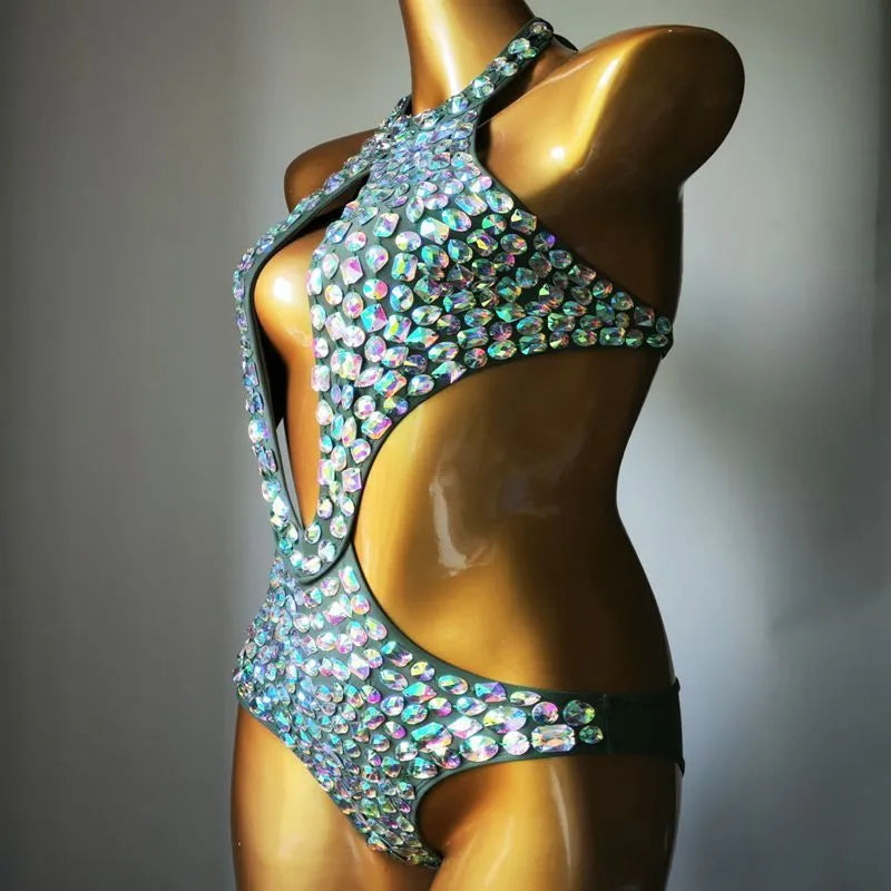 Female one-piece mesh diamond swimsuit in army green colour with polyester lining