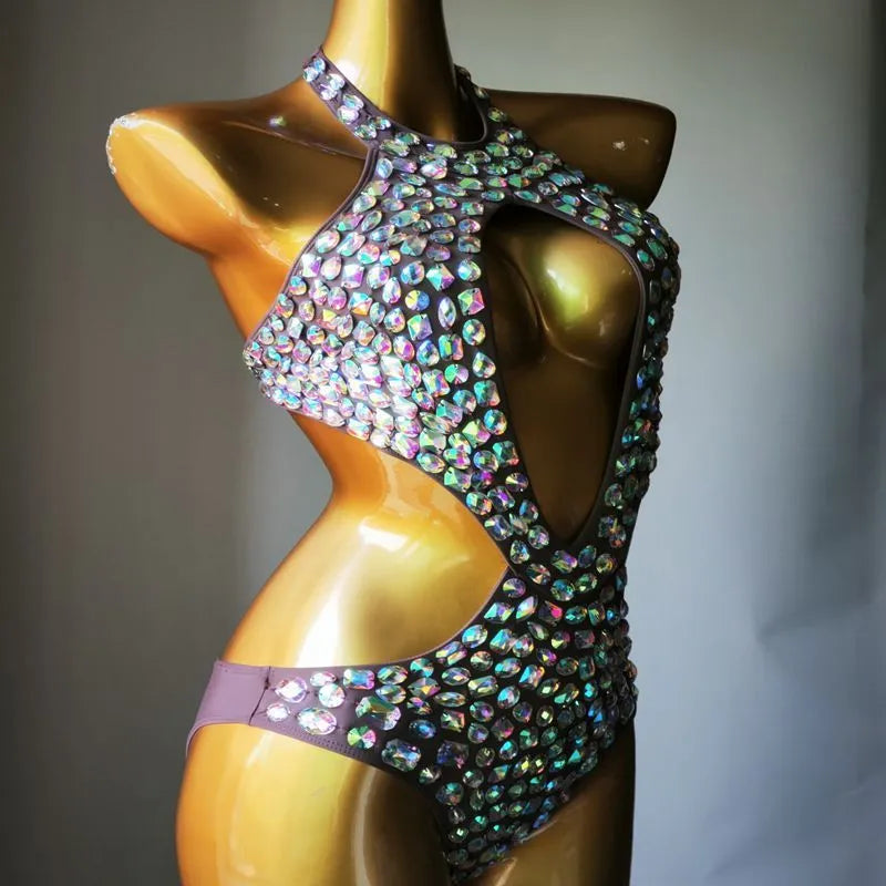 Female one-piece mesh diamond swimsuit in army green colour with polyester lining