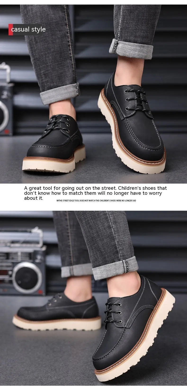 Men's black retro low-top Martin boots with a round toe and non-slip rubber sole.