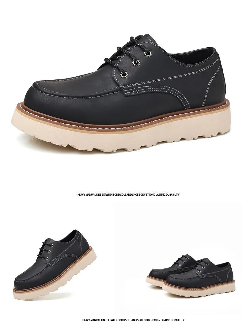Men's black retro low-top Martin boots with a round toe and non-slip rubber sole.