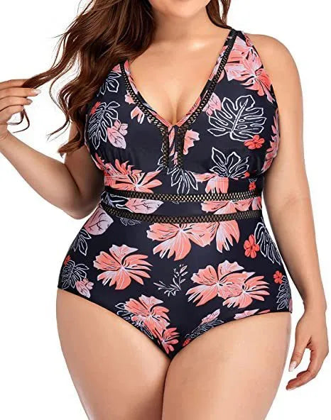 Women's plus size black printed mesh bikini swimsuit showing sleeveless design