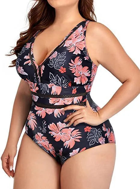 Women's plus size black printed mesh bikini swimsuit showing sleeveless design
