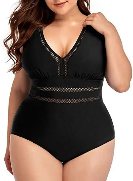 Women's plus size black printed mesh bikini swimsuit showing sleeveless design