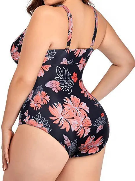Women's plus size black printed mesh bikini swimsuit showing sleeveless design
