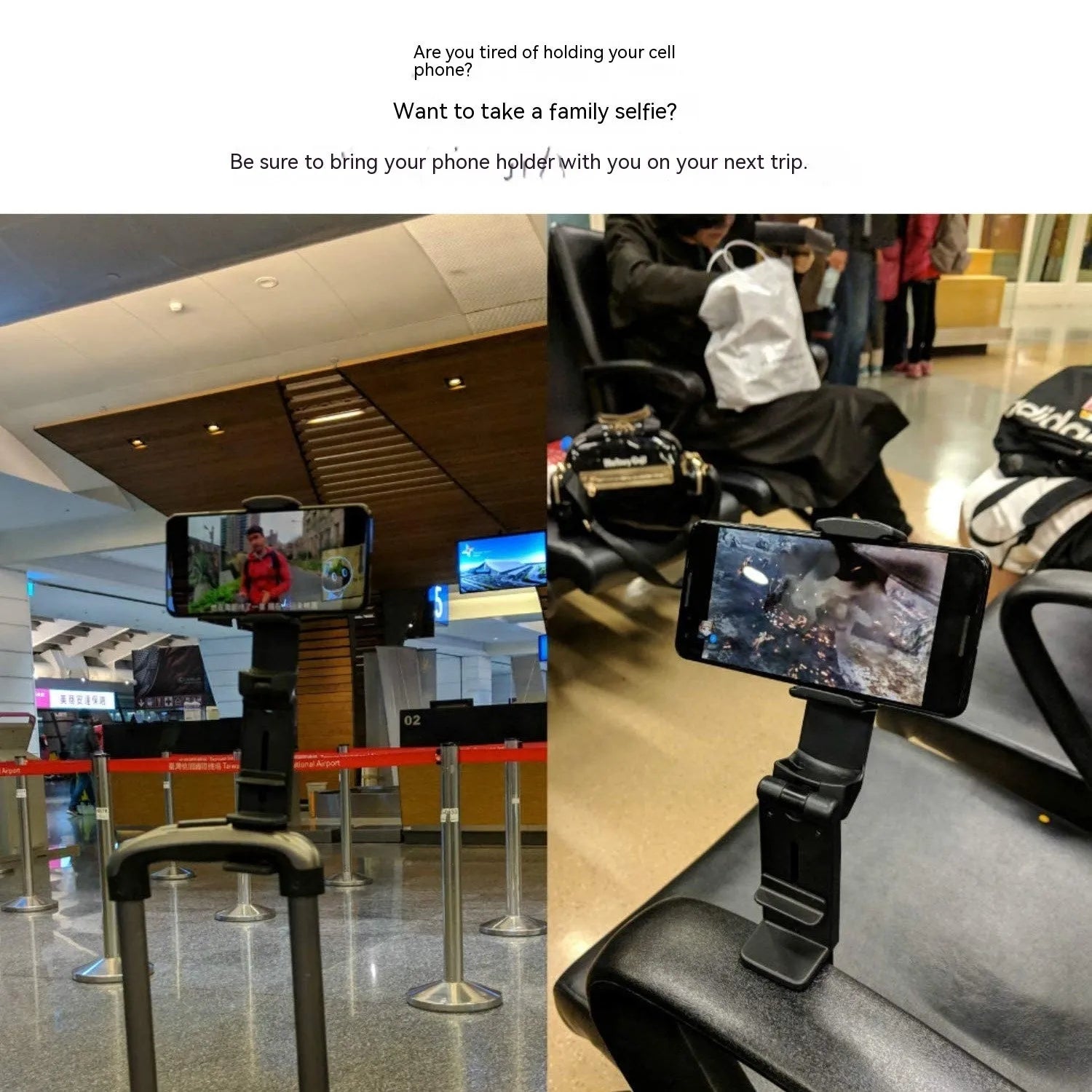 Black foldable rotating phone holder holding a mobile phone on a desk.