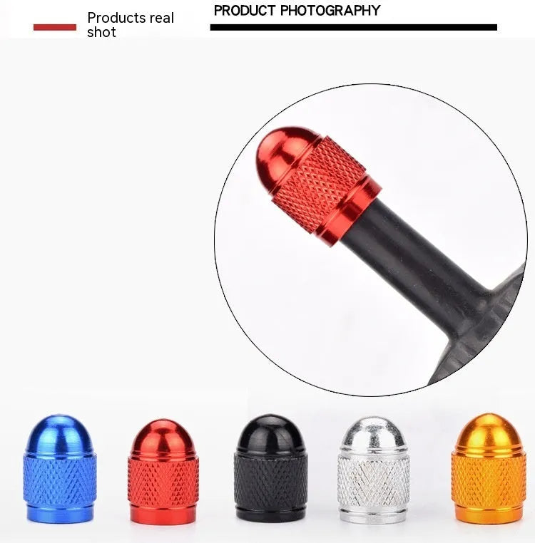 Aluminium alloy mountain bike tyre valve cap shown in gold, red, silver, blue, and black colour options.