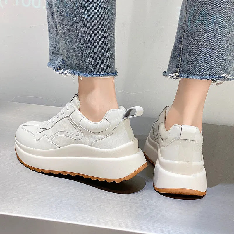 Women's white cattlehide leather casual sports shoes with mesh lining and cross-strap design