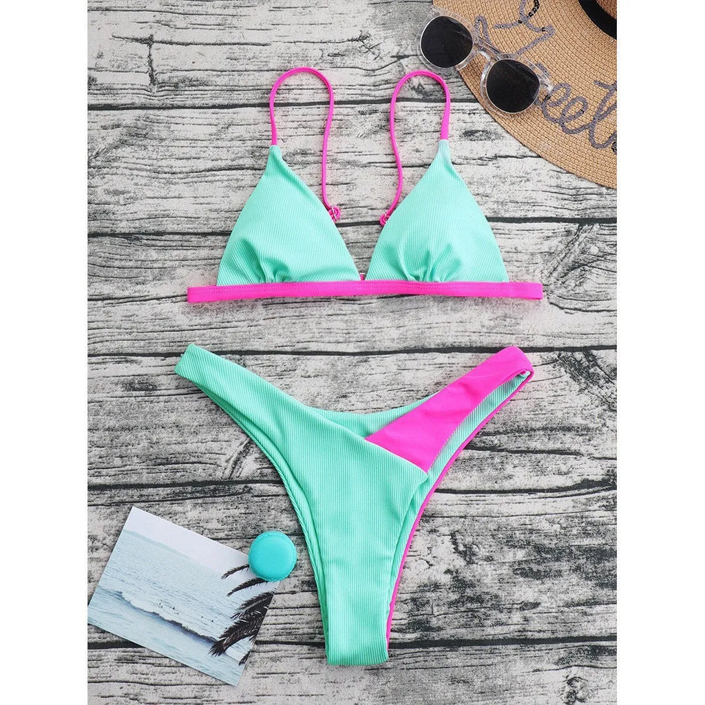 Women's patterned nylon swimsuit briefs bikini set with matching bra in European American style