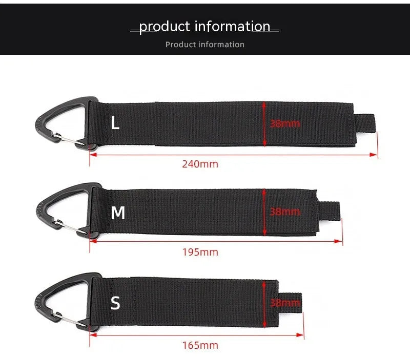 Black gravity strap climbing storage organiser with carabiner hook in three size variations