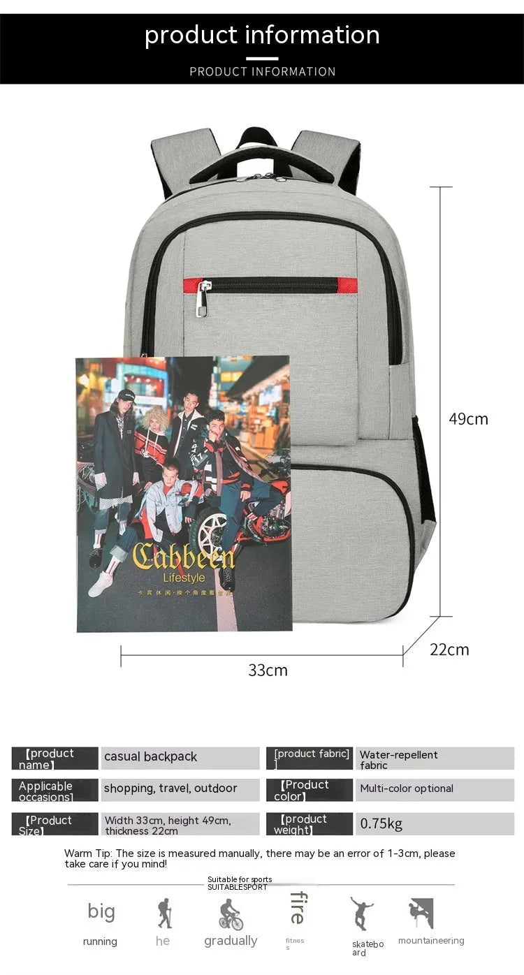 Oxford cloth insulated backpack shown in light grey, featuring curved shoulder straps and a pull-rod belt accessory.