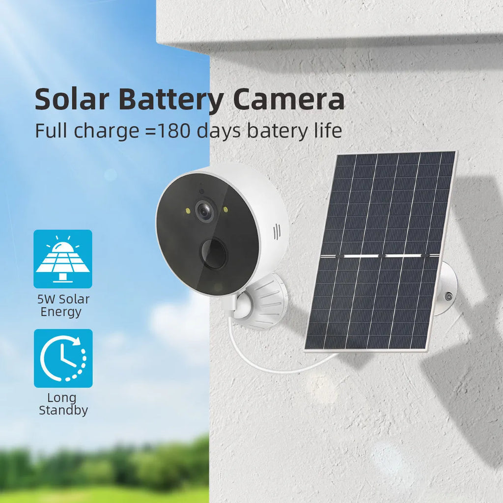 Solar powered outdoor security camera with 1080P resolution and included solar panel for continuous charging