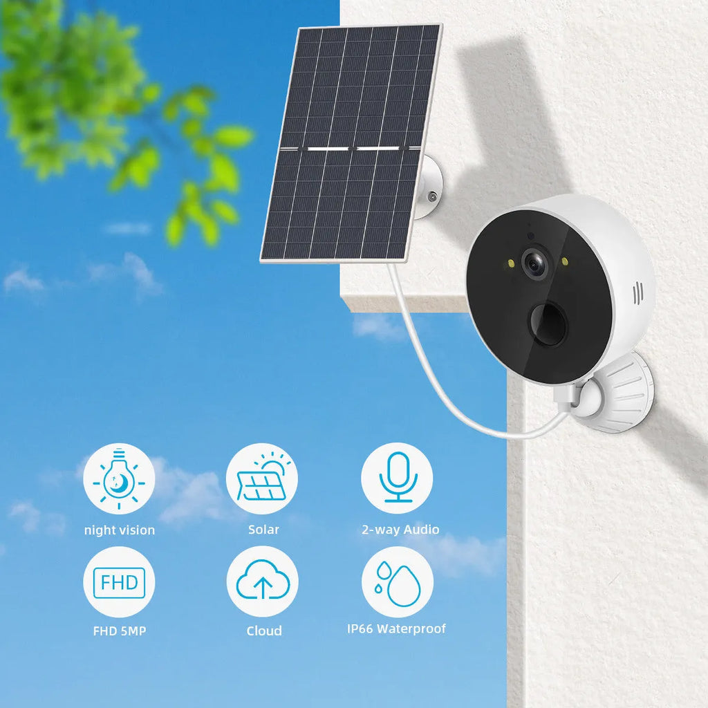 Solar powered outdoor security camera with 1080P resolution and included solar panel for continuous charging