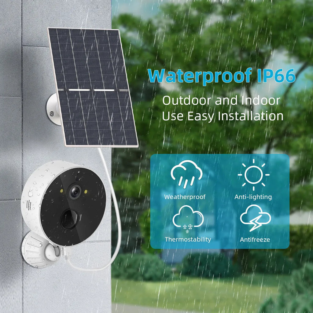 Solar powered outdoor security camera with 1080P resolution and included solar panel for continuous charging