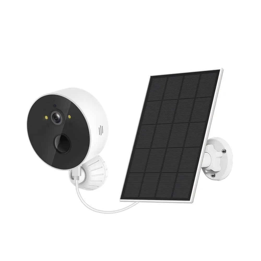 Solar powered outdoor security camera with 1080P resolution and included solar panel for continuous charging