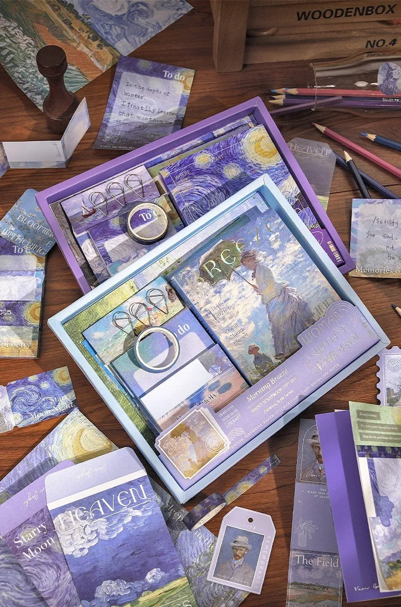 A6 grid creative journal gift box with retro plaid design, showing notebook, bookclothes, cards, paper, and sticky notes.