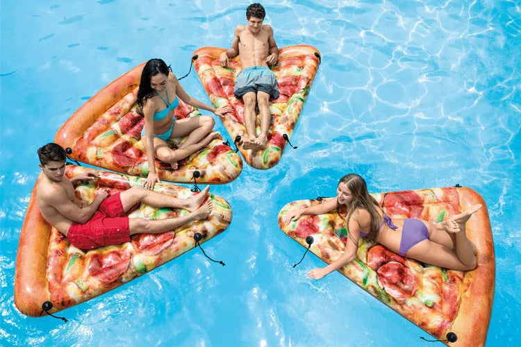 Large inflatable pizza surfboard recliner floating on water with bright multicolour design