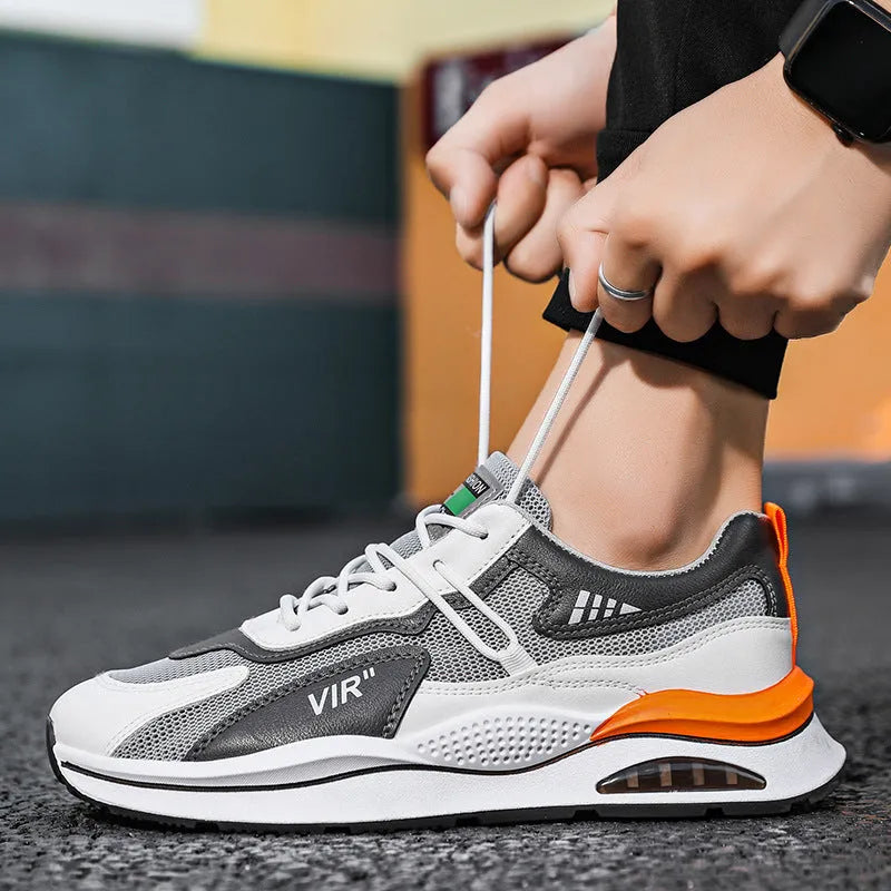 Men's grey and black breathable mesh casual running shoes with a round toe and EVA sole