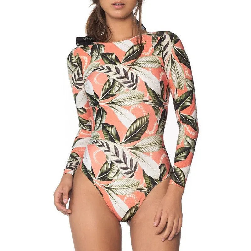Women's leaf floral print backless one-piece swimsuit on a white background