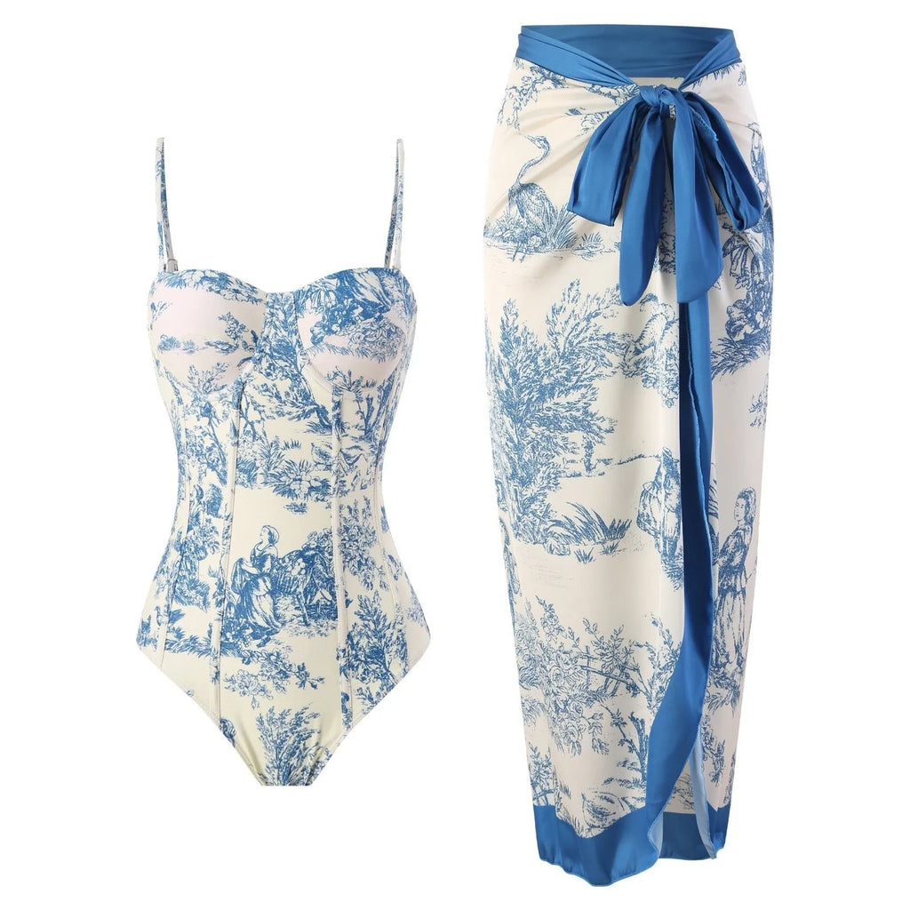 Blue patterned one-piece swimsuit for women with matching gauze skirt option in polyester fabric