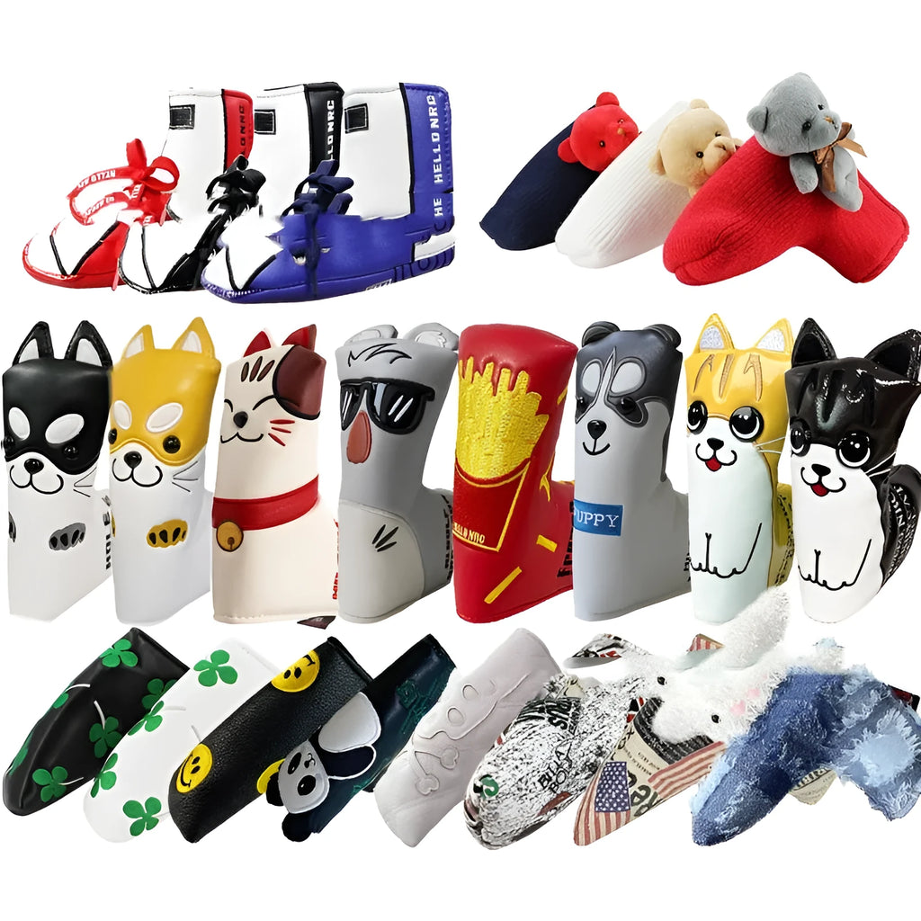 Golf putter sleeve with novelty design options for straight bar clubs