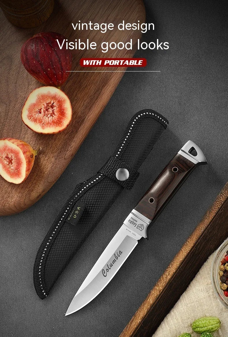 Stainless steel camping fruit knife with leather case in national style design