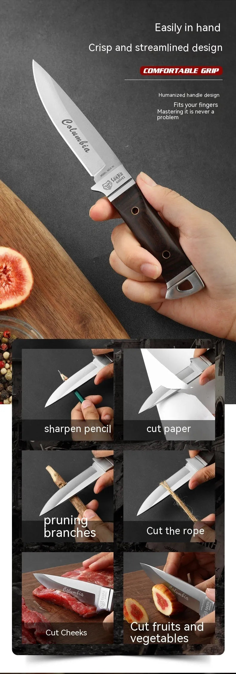 Stainless steel camping fruit knife with leather case in national style design