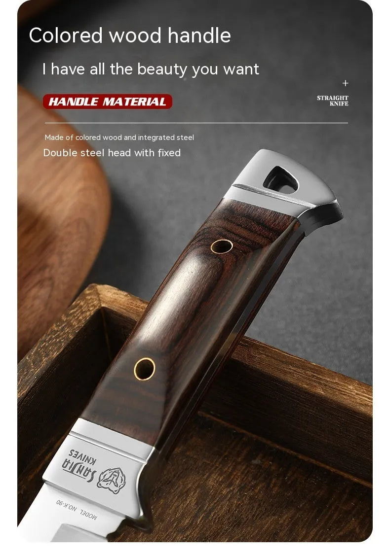 Stainless steel camping fruit knife with leather case in national style design