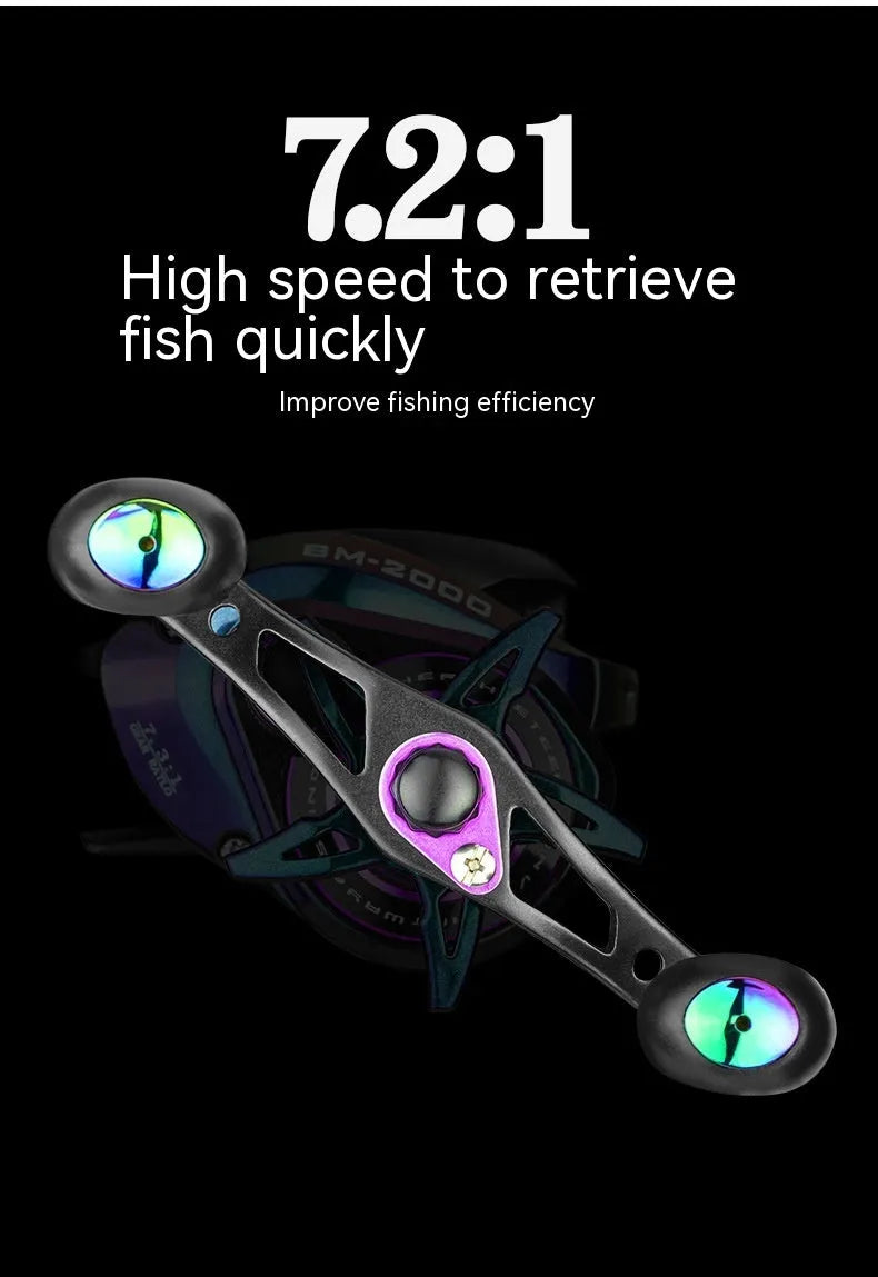 Colourful BM2000 fishing reel on a white background, showing left and right-hand retrieve options.