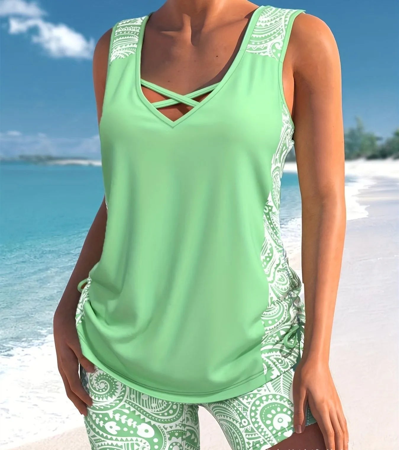Women's printed split boxer swimsuit set with polyester fabric and matching shorts