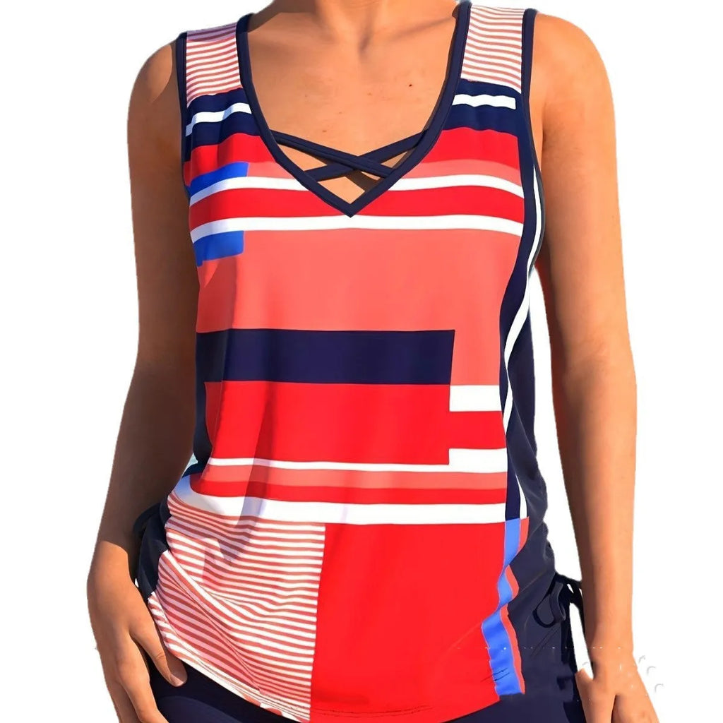 Women's printed split boxer swimsuit set with polyester fabric and matching shorts
