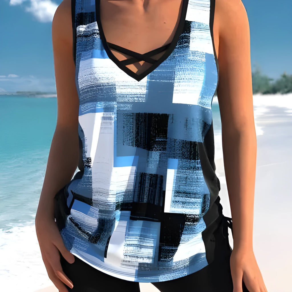 Women's printed split boxer swimsuit set with polyester fabric and matching shorts