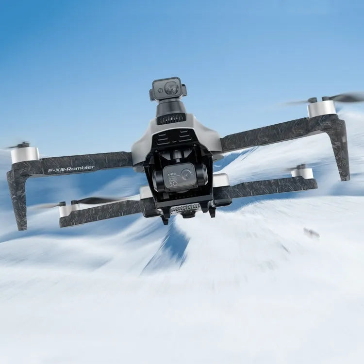 White folding quadcopter drone with 4K camera and obstacle avoidance sensors, shown with remote controller and shoulder bag.