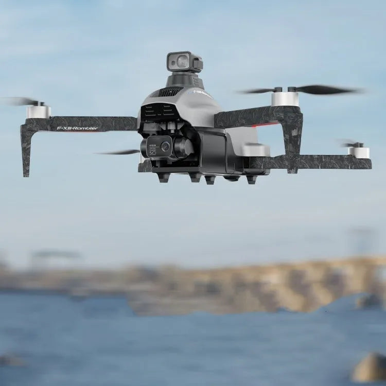 White folding quadcopter drone with 4K camera and obstacle avoidance sensors, shown with remote controller and shoulder bag.