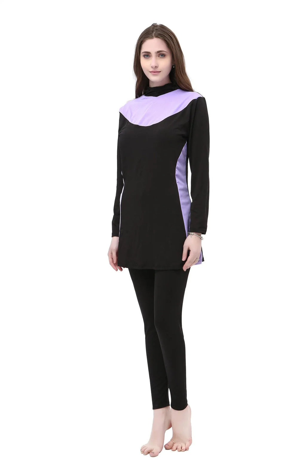 Conservative long-sleeved hooded two-piece swimsuit for women in black with coloured accents.