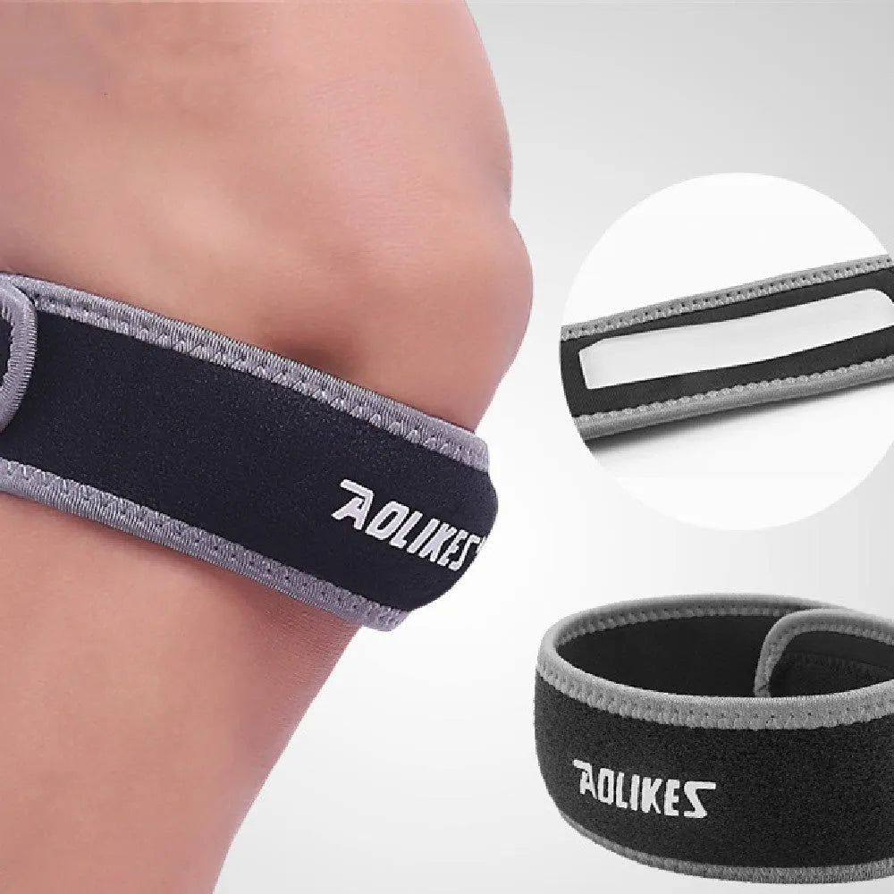 Black and grey patella retinaculum knee support for running, football, basketball, and cycling sports