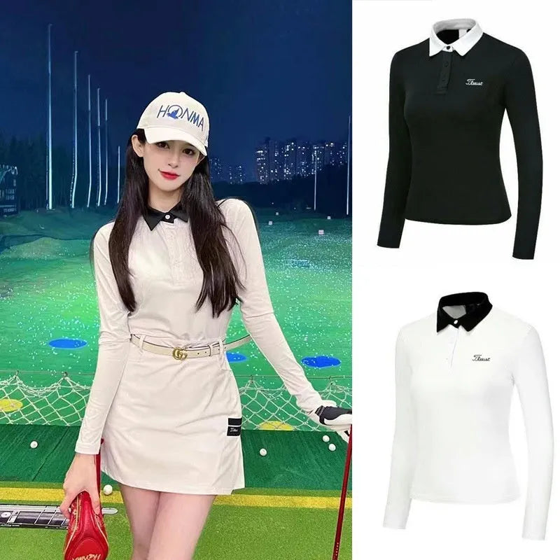 Women's long sleeve white golf top made from breathable polyester fabric for sun protection