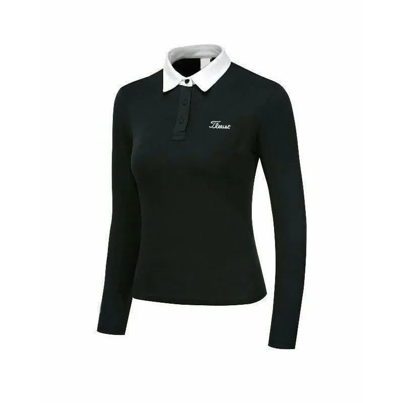 Women's long sleeve white golf top made from breathable polyester fabric for sun protection