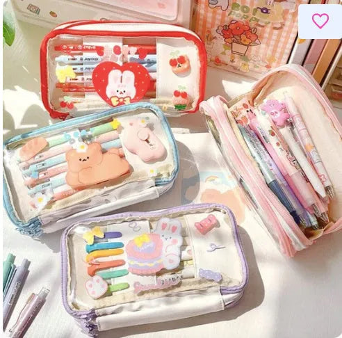 Transparent Japanese pen bag with cute rabbit design in pink and red colour options