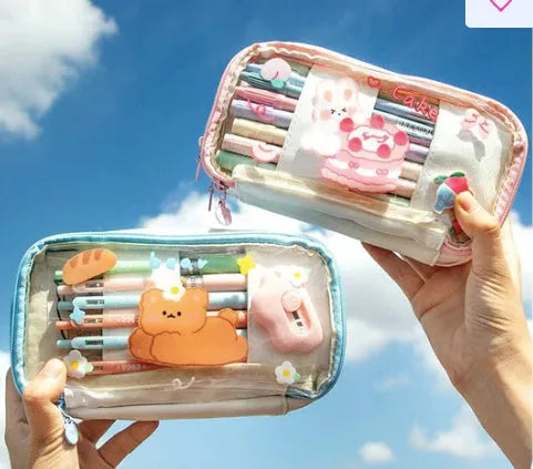 Transparent Japanese pen bag with cute rabbit design in pink and red colour options