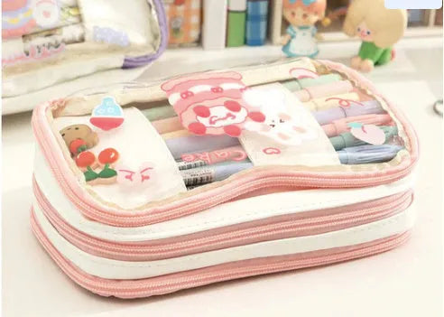 Transparent Japanese pen bag with cute rabbit design in pink and red colour options